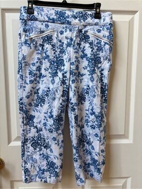 Women's White Capri Jeans with Blue Floral Print